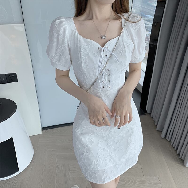 【dress】必ず目を引くスクエアネック半袖花模様Aライン体型カバーワンピース F0410