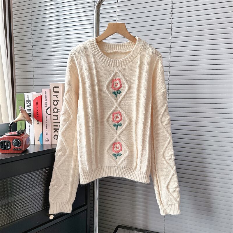 【tops】刺繍クルーネックニットセーター　M18547