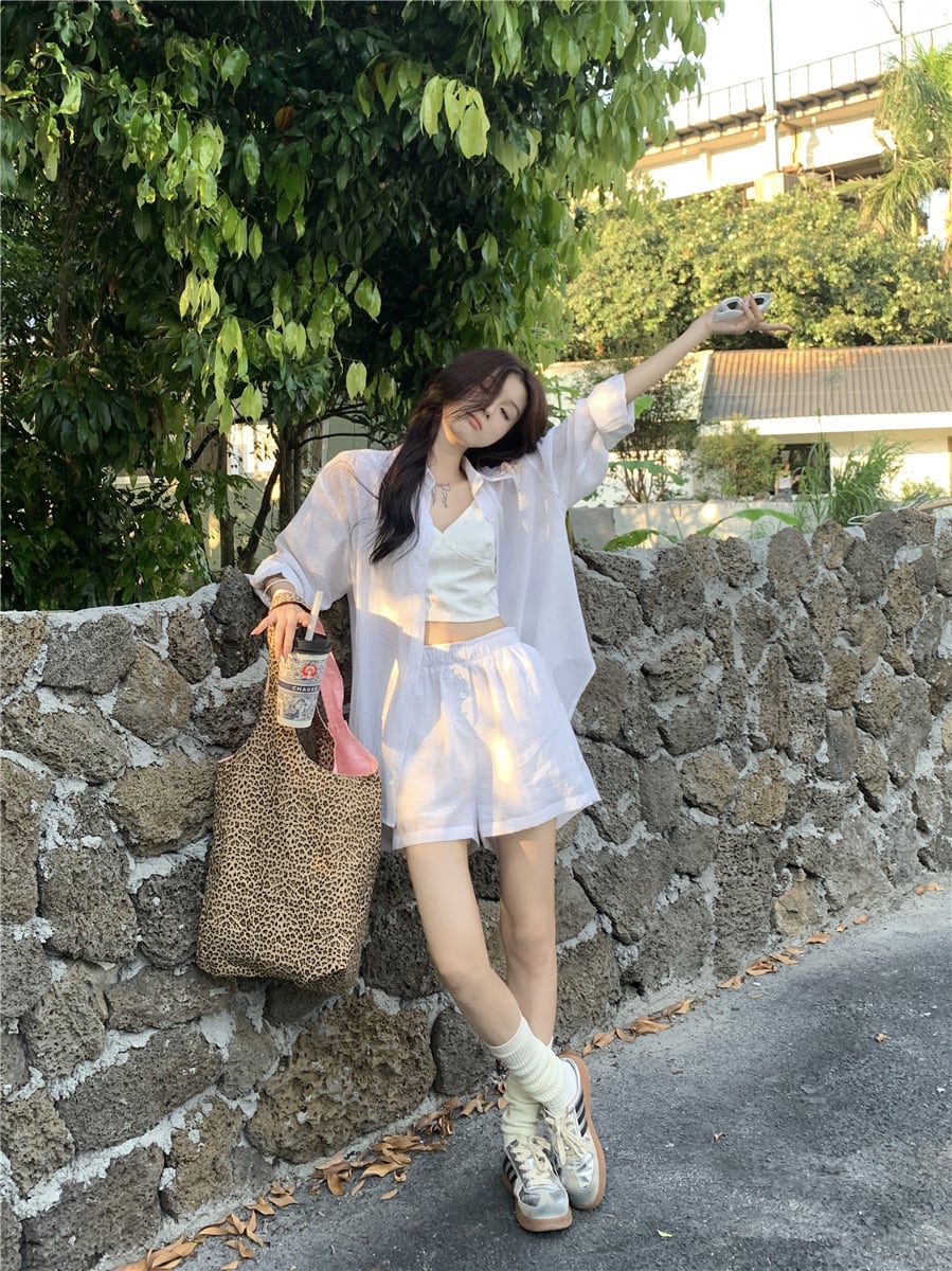 【set】薄手ブラウス+ハイウエストショートパンツ２点セットG21291