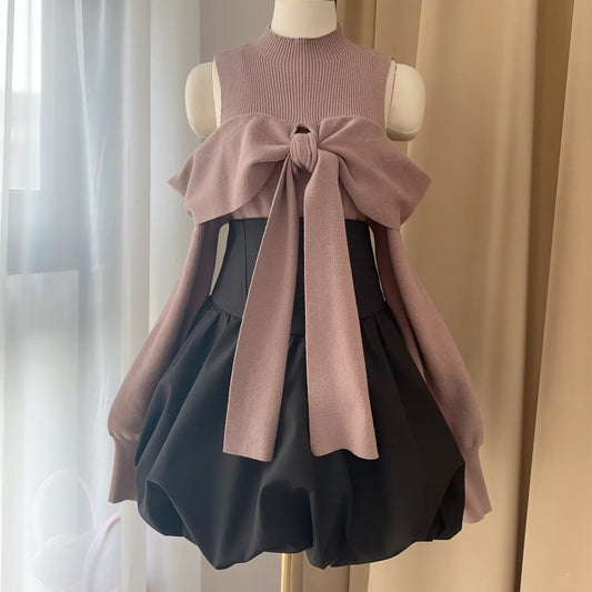 【set】リボンオフショルニットトップス×バルーンスカートセット     N3337