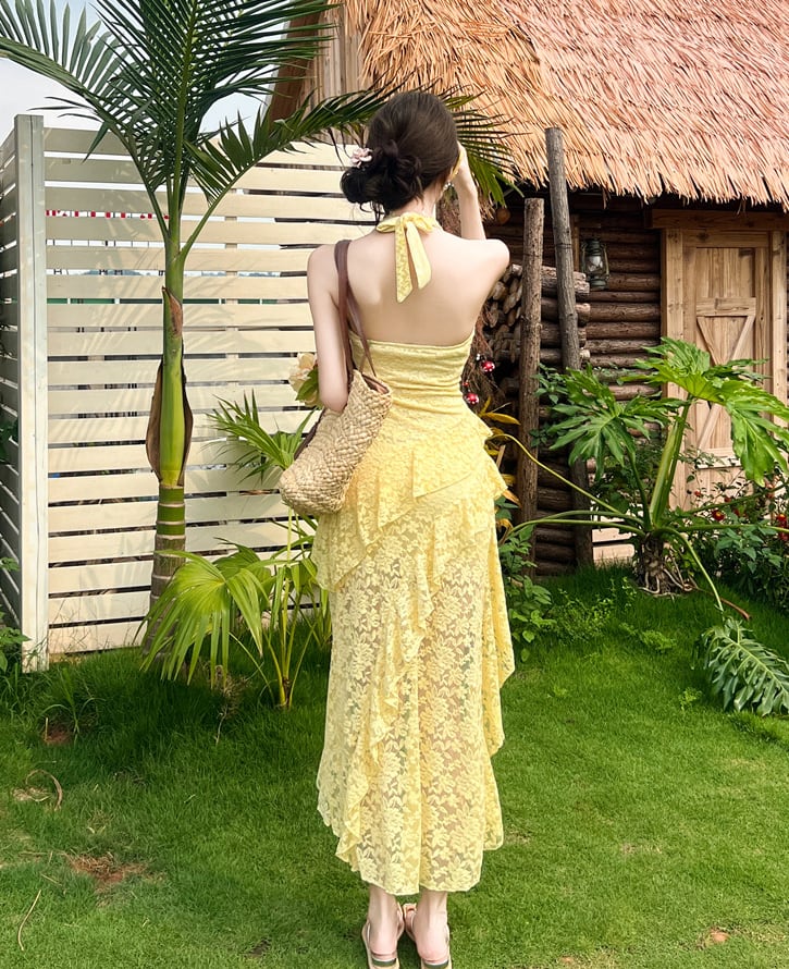 【dress】ホルターネックイレヘムレースワンピース Q8414