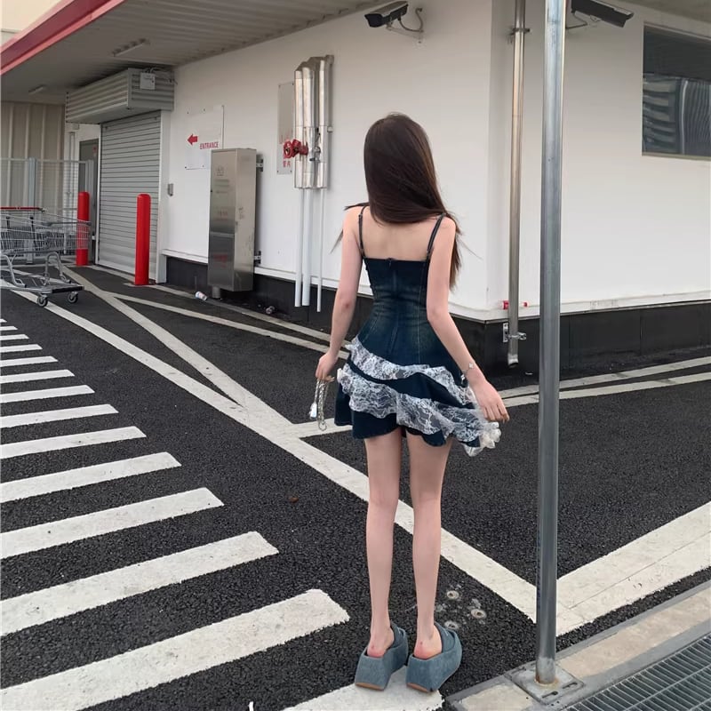 【dress】レースドッキングデニムキャミワンピース Q8205