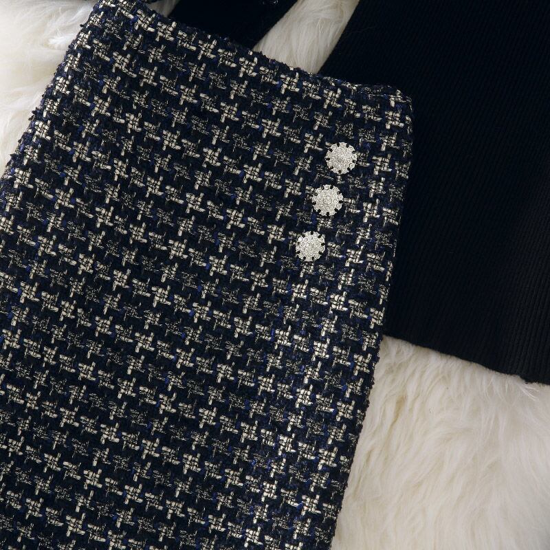 【set】無地セーター+チェック柄ベスト+ボディラインスカート3点セットF0817