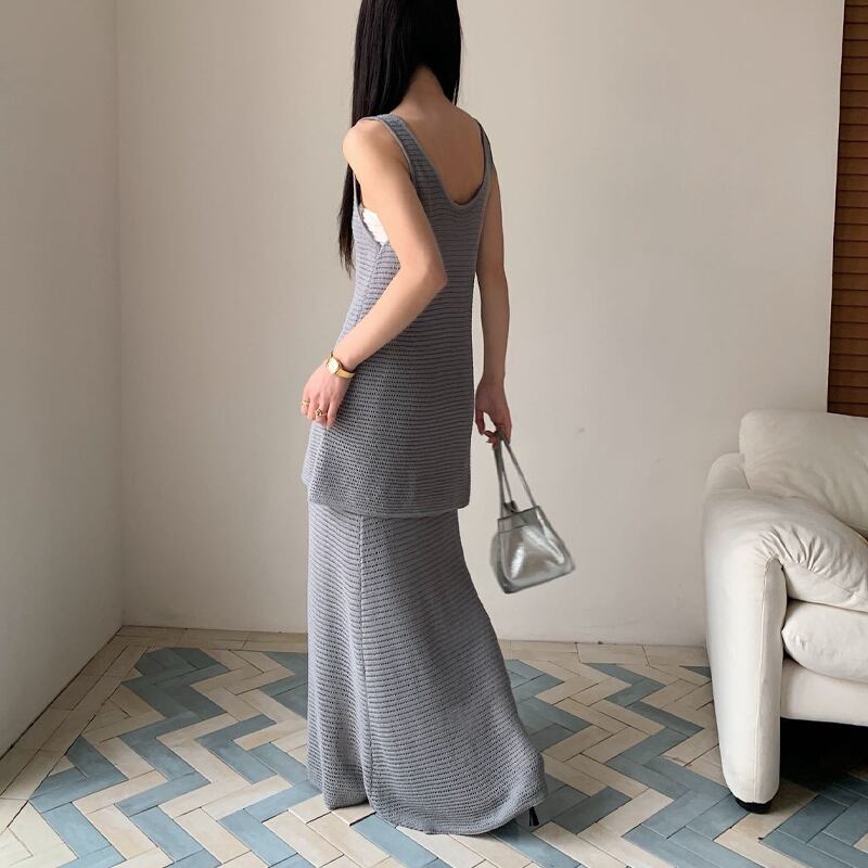 【set】ロングニットキャミソール×ロングスカートセット Q8233