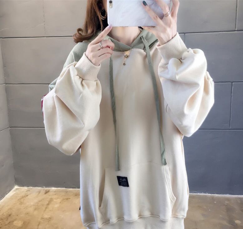 【tops】韓国ファッション長袖フード付き配色ゆったりカジュアルパーカーW0368