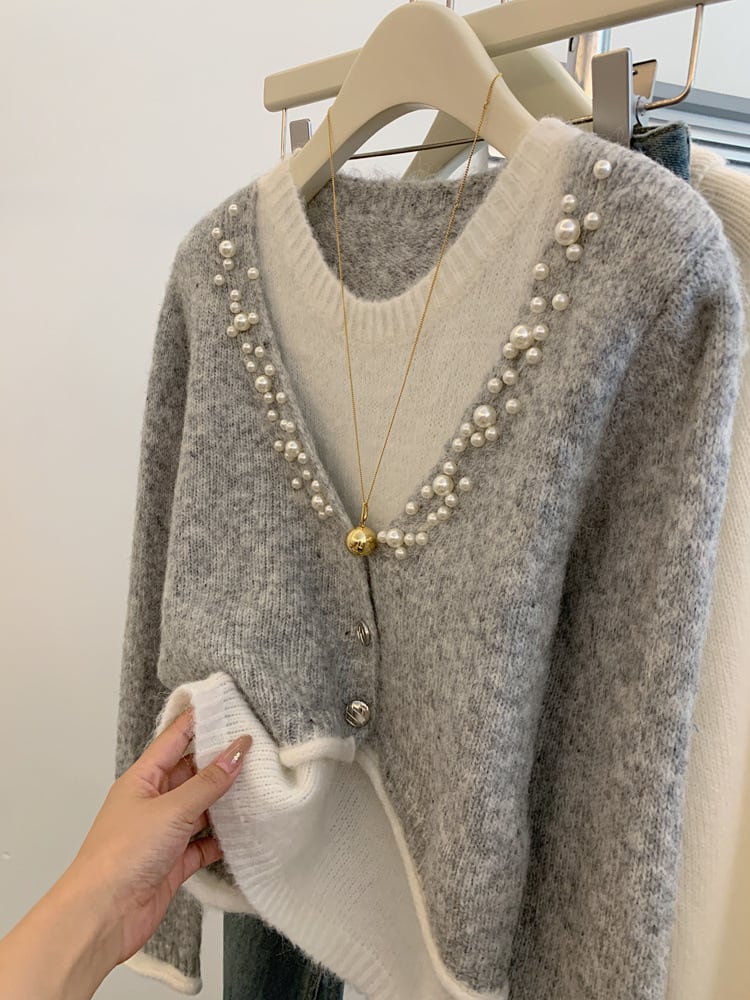 【tops】パールドッキングニットセーター　M29136