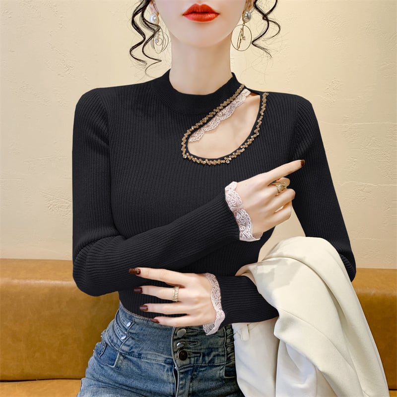【tops】レース切り替えニットトップス　M28664