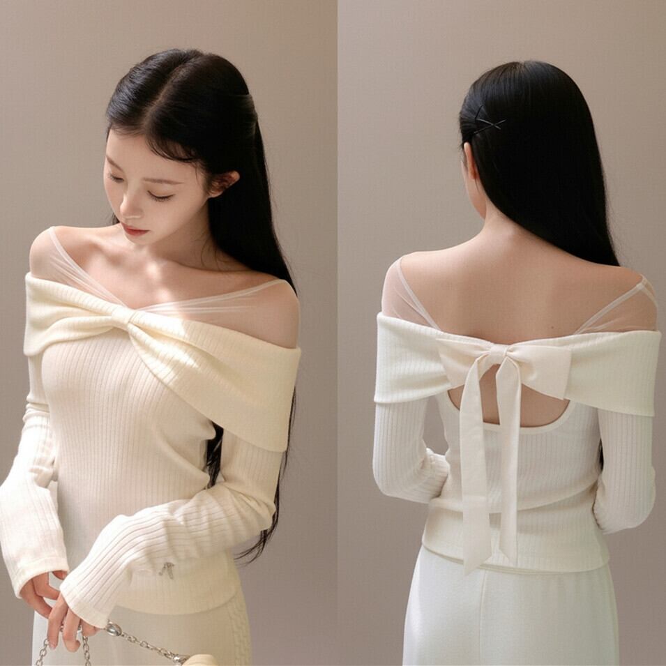【tops】チュールドッキングリボンニットトップス　N3490