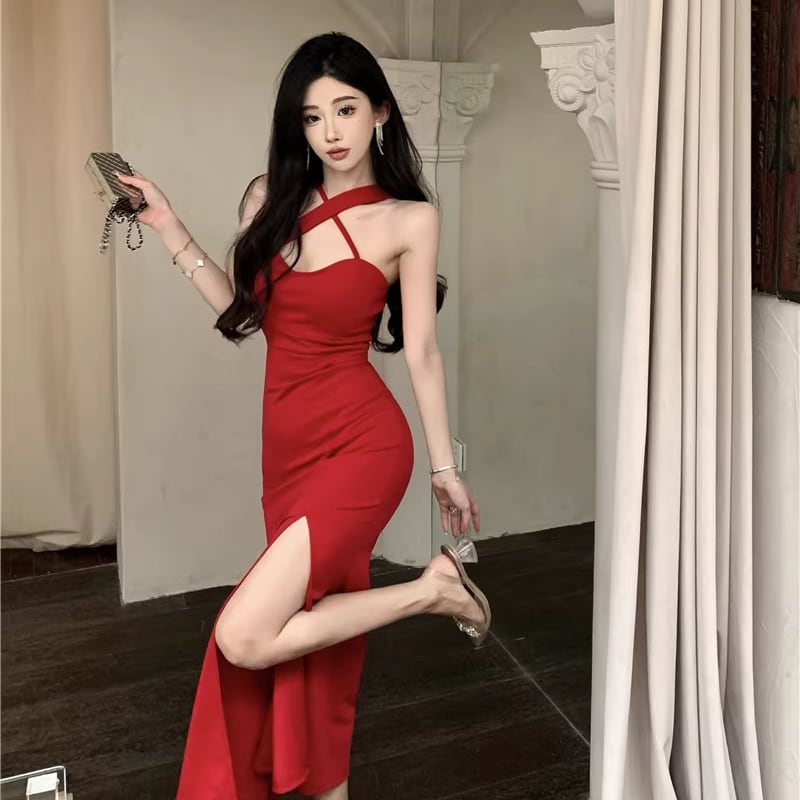 【dress】スリットクロスネックワンピース Q8339
