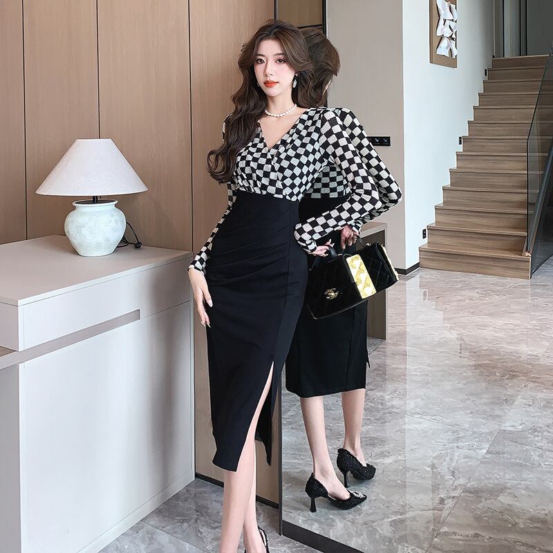 【dress】Vネック長袖切り替えワンピースG16919