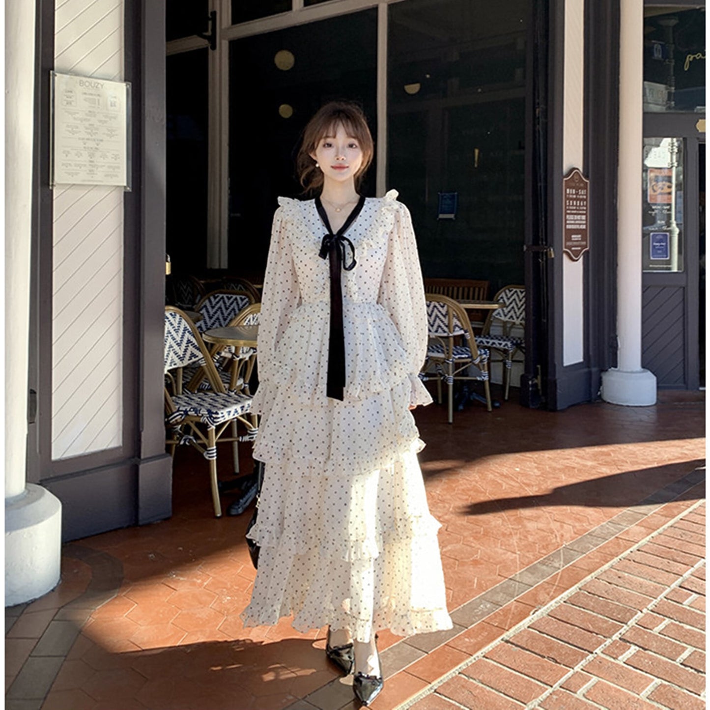 【dress】ビッグリボンドット柄ティアードワンピース　N3324