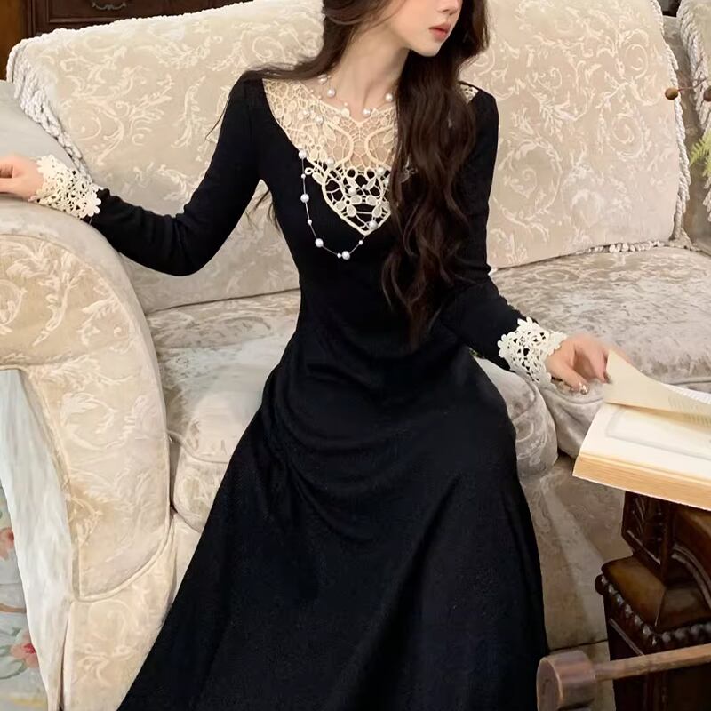 【dress】レースドッキングニットワンピース Q6862