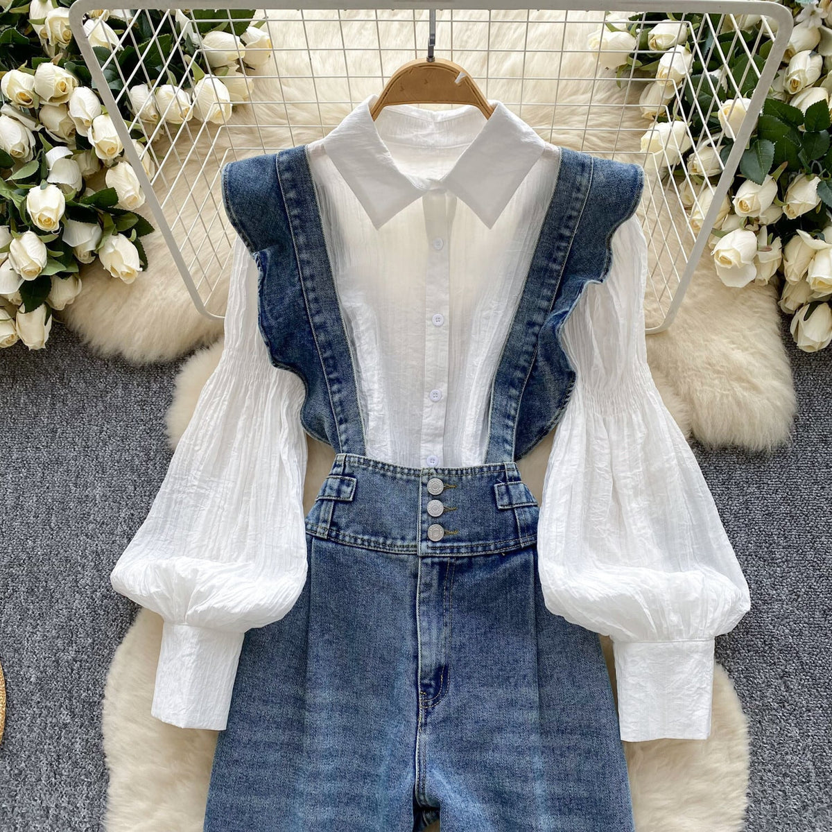 【set】シャツトップス×サロペットデニムパンツセット　M29710