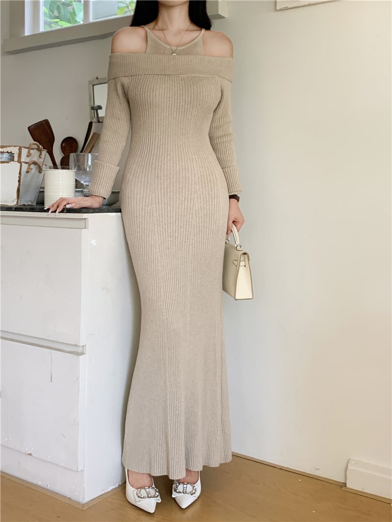 【dress】オフショルダーマーメイドニットワンピース　N2767