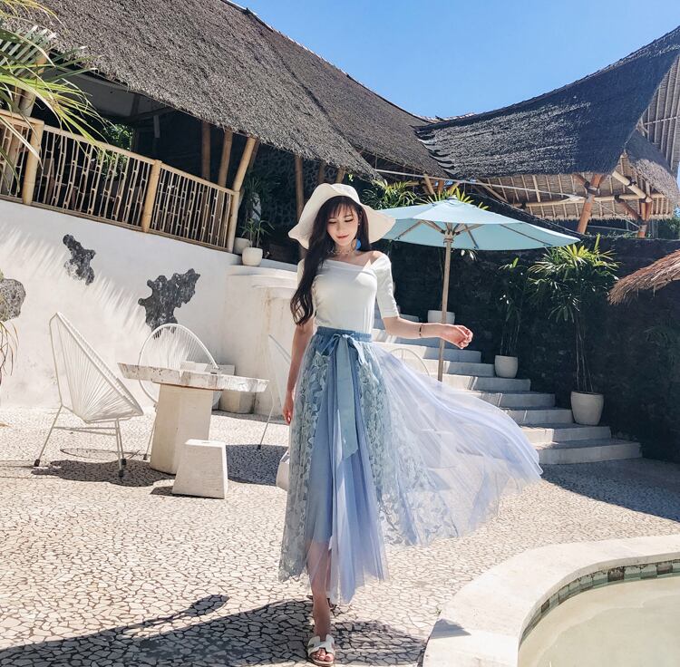 【bottoms】春夏気質アップINS風着痩せハイウエスト花柄メッシュスカート