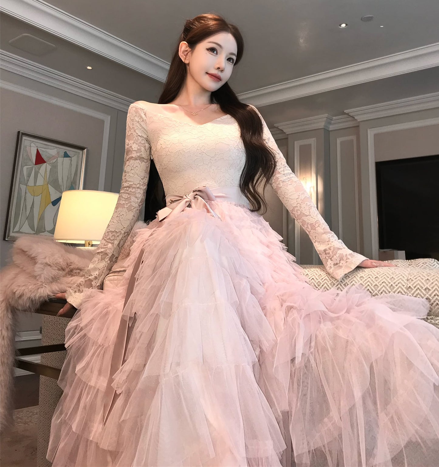 【dress】レースドッキングティアードワンピース　N3475