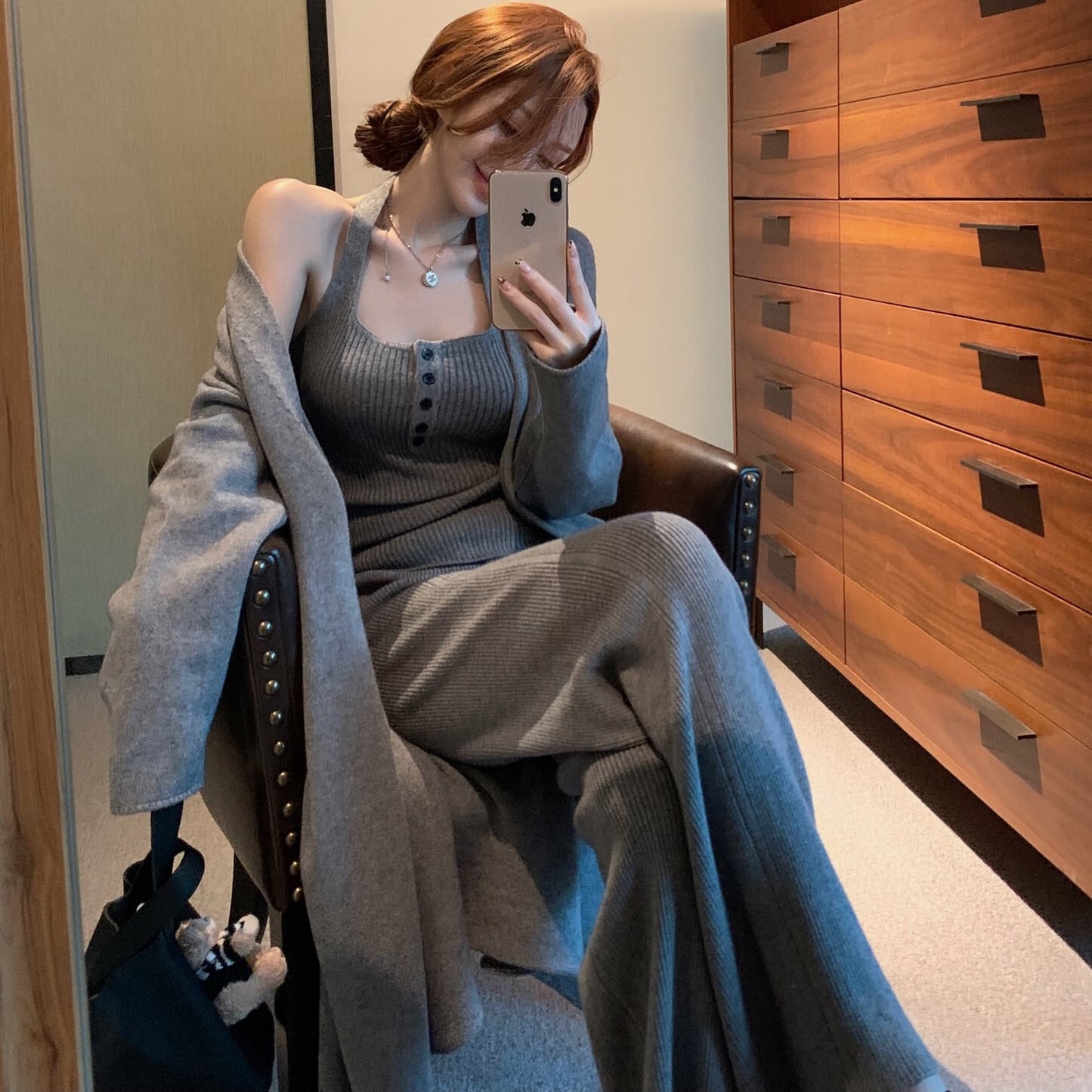 【set】ホルターネックトップス×ロングカーディガン×ワイドパンツ3点セット　N2766
