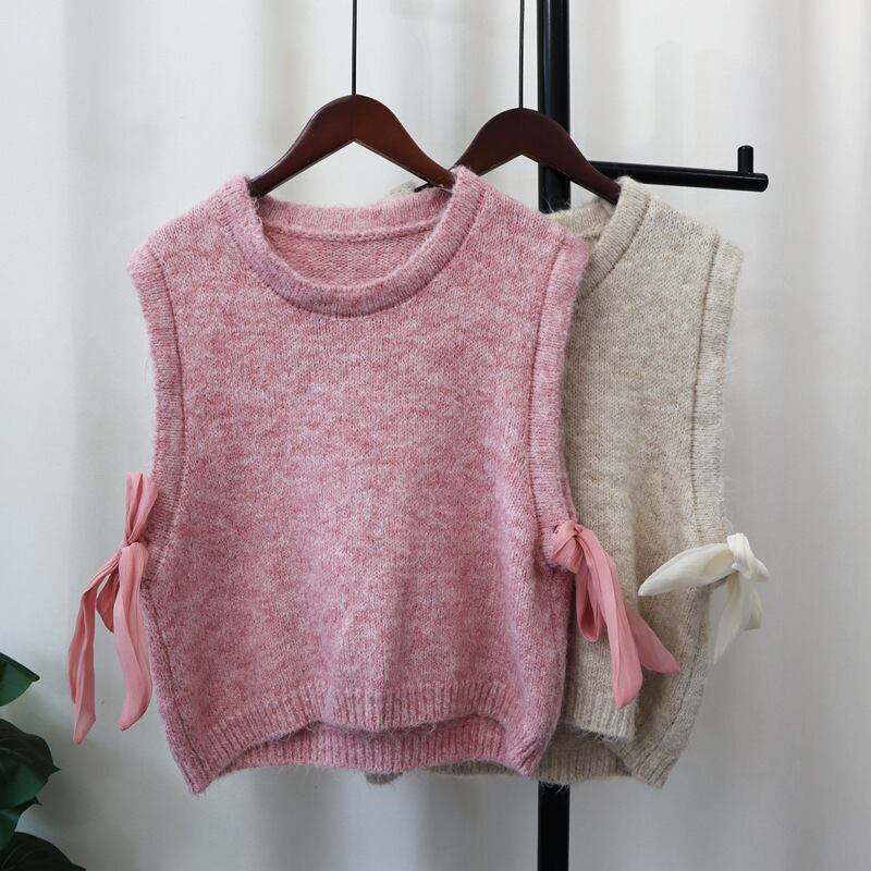 【tops】リボン付きニットベスト　M26019