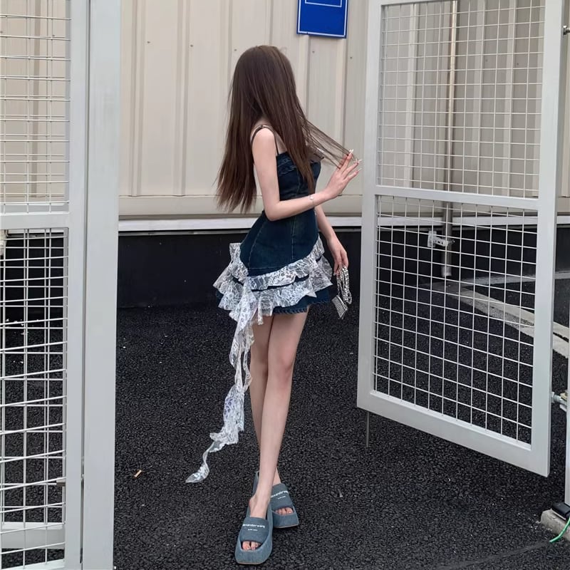 【dress】レースドッキングデニムキャミワンピース Q8205