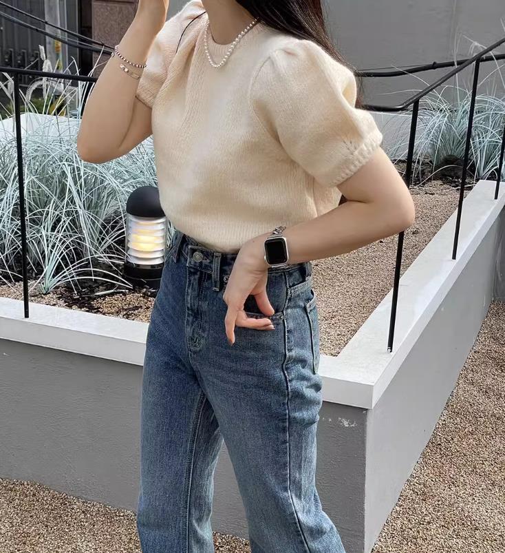 【tops】半袖パフ袖ニットＴシャツF7427