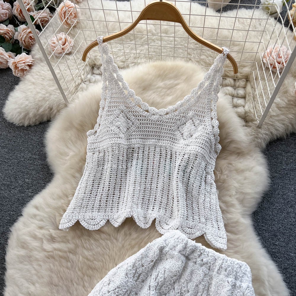 【set】キャミソール+スカート透かし彫り2点セットF7518