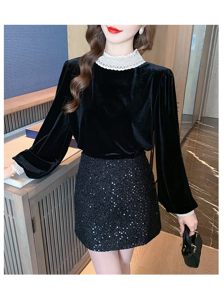 【tops】レース切り替えシャツトップス　M27569