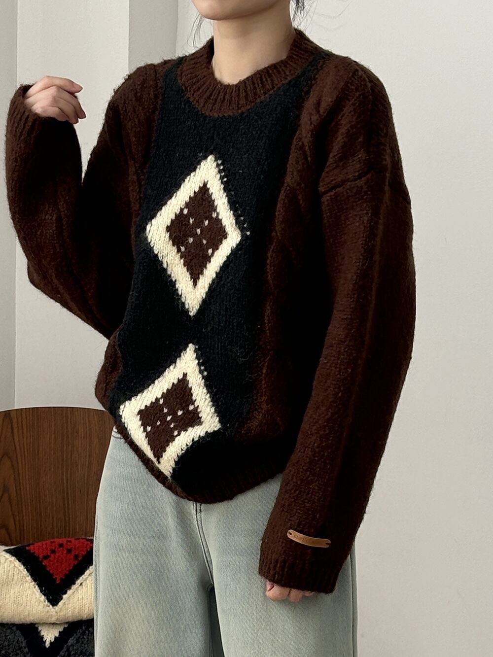 【tops】配色ニットセーター　M28575