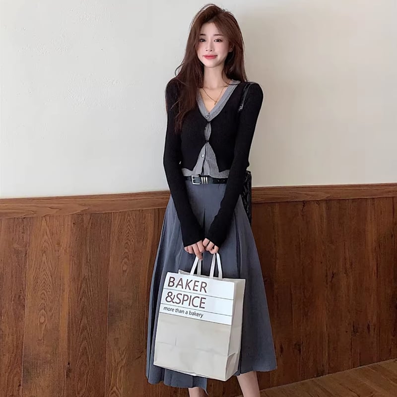 【tops】フェイクレイヤードニットトップス Q8150