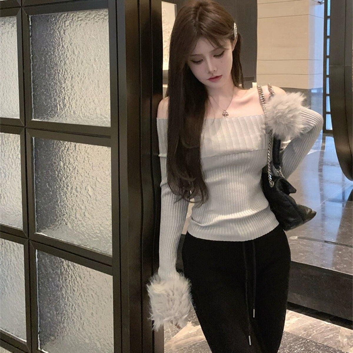 【tops】オフショルダー袖ファーニットトップス     N2148