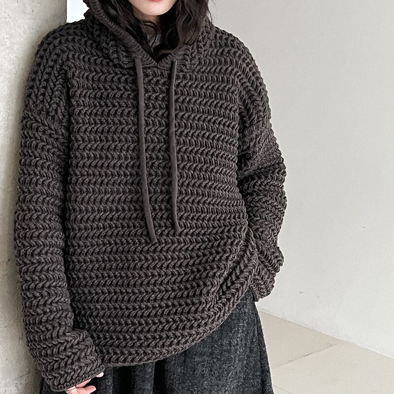 【tops】フード付き透かし彫りニットトップス Q7284