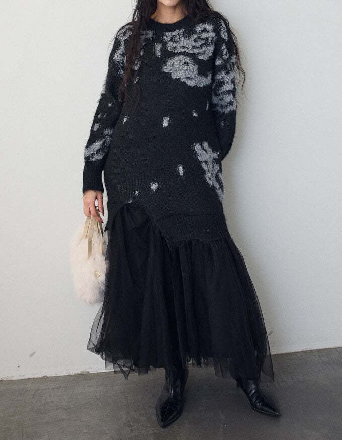 【dress】チュールドッキングロングニットワンピース Q7839