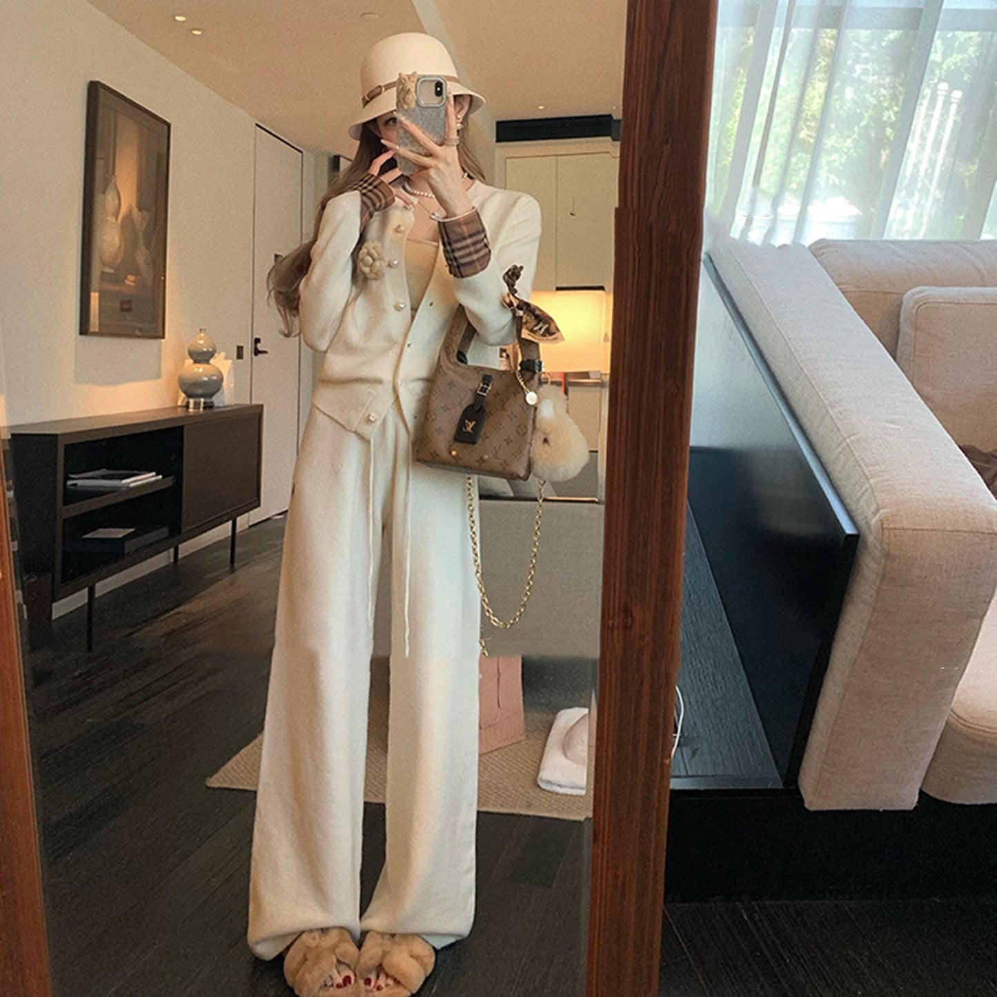 【set】チェック柄切り替えニットカーディガン×ワイドパンツセット　N3307