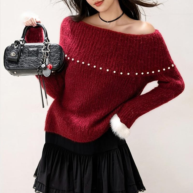 【tops】パール付きオフショルダーニットトップス Q7669