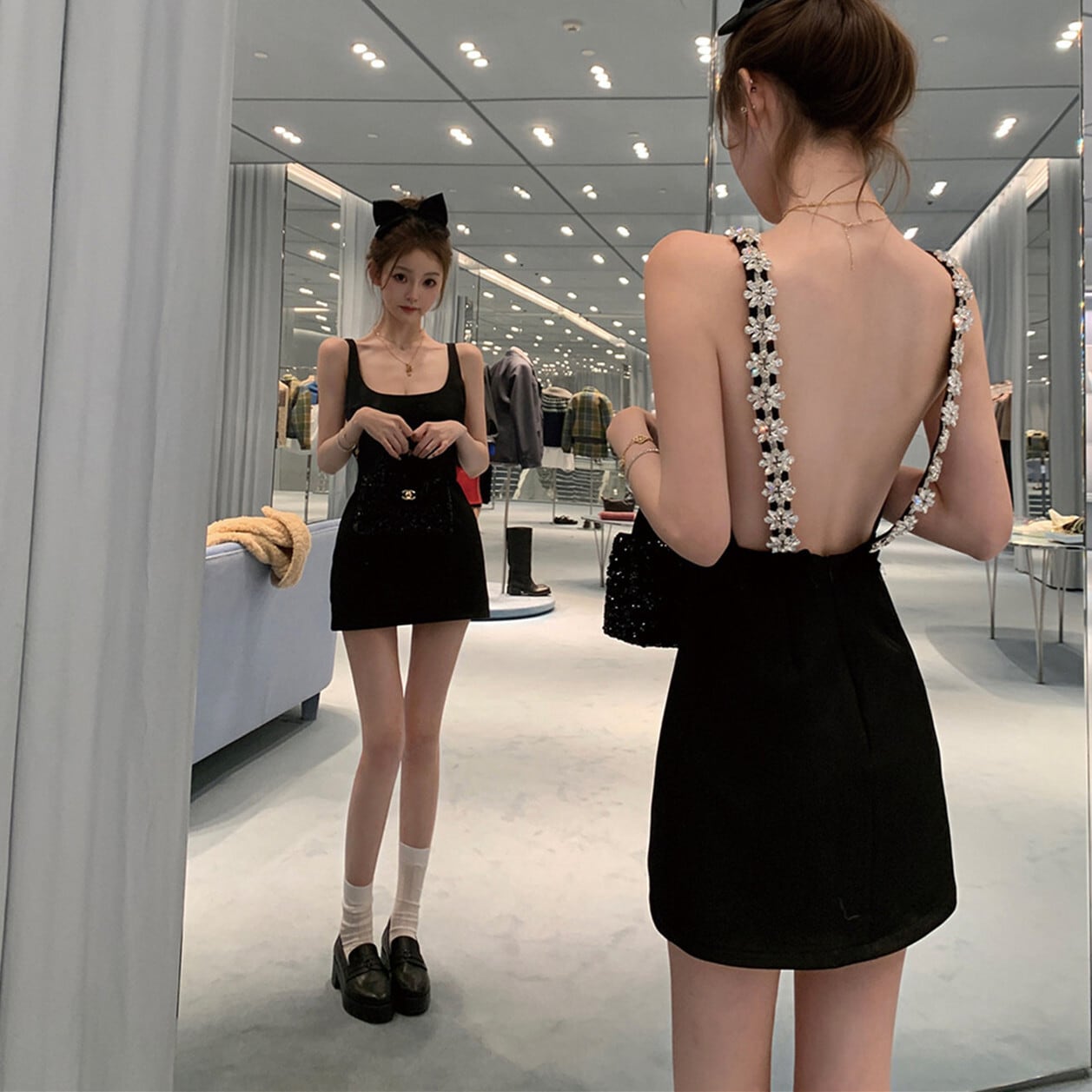 【dress】バックレスビジューミニワンピース　N3521
