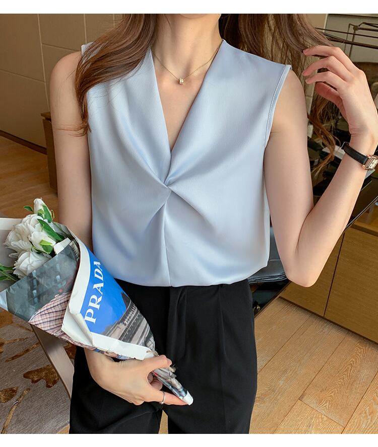 【tops】Vネックノースリーブ無地着回しタンクトップシフォンF0248