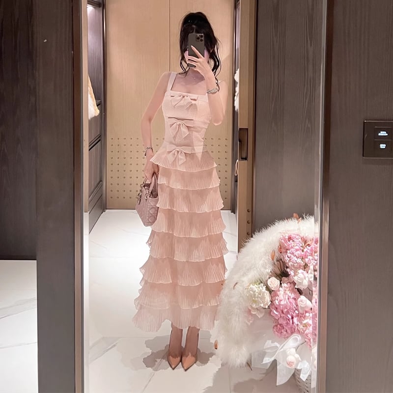 【dress】リボン付きティアードキャミワンピース Q7679
