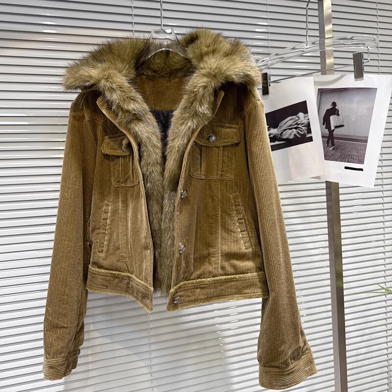 【outer】ファー付きコーデュロイ中綿ジャケット Q7458