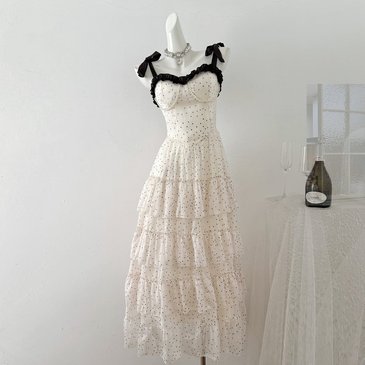 【dress】ショルダーリボンドット柄ワンピース　M32122