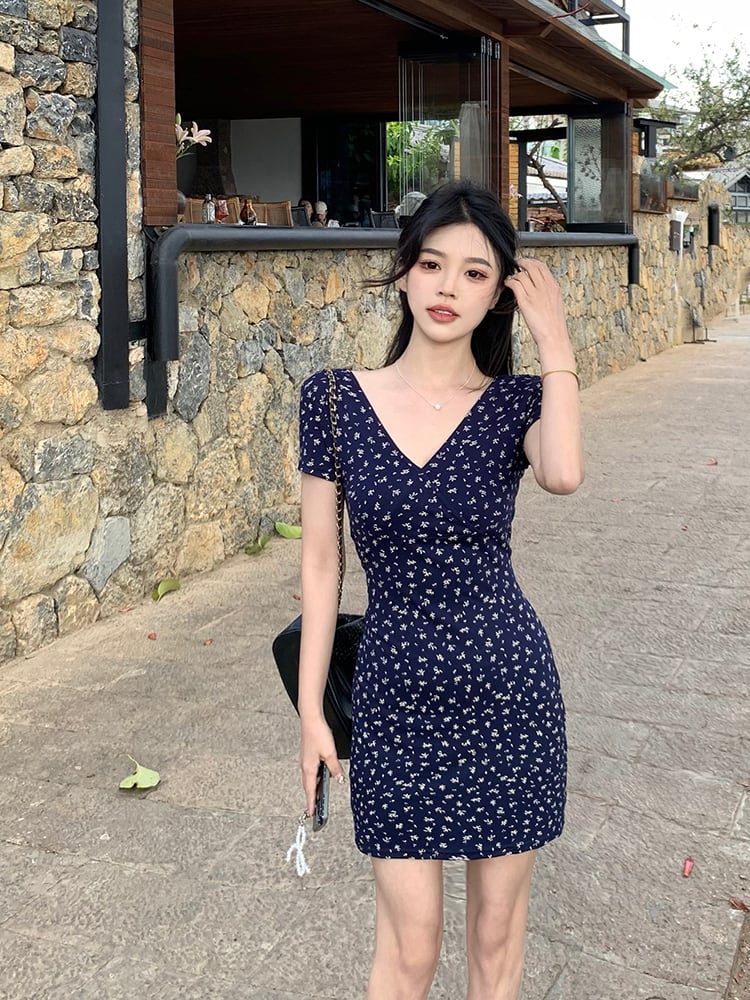 【dress】Vネック花柄タイトワンピースG21571