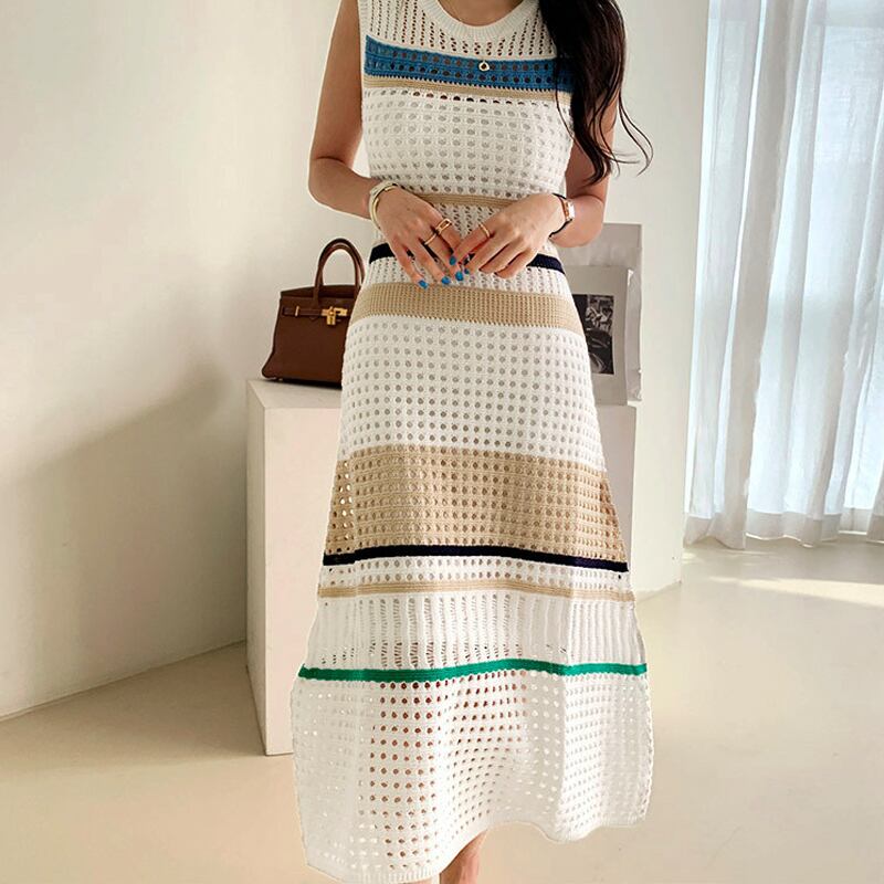 【dress】流行アイテム！3色ラウンドネック配色透かし彫り薄手ニットワンピースインナー付きF0046