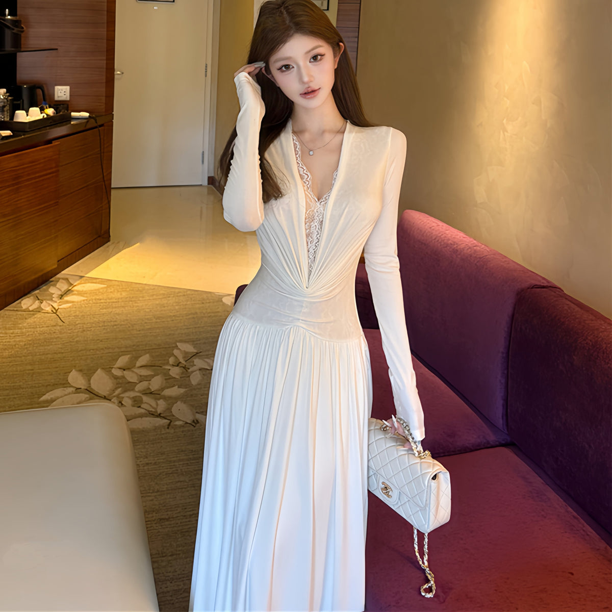 【dress】レースドッキングロングワンピース　N3432