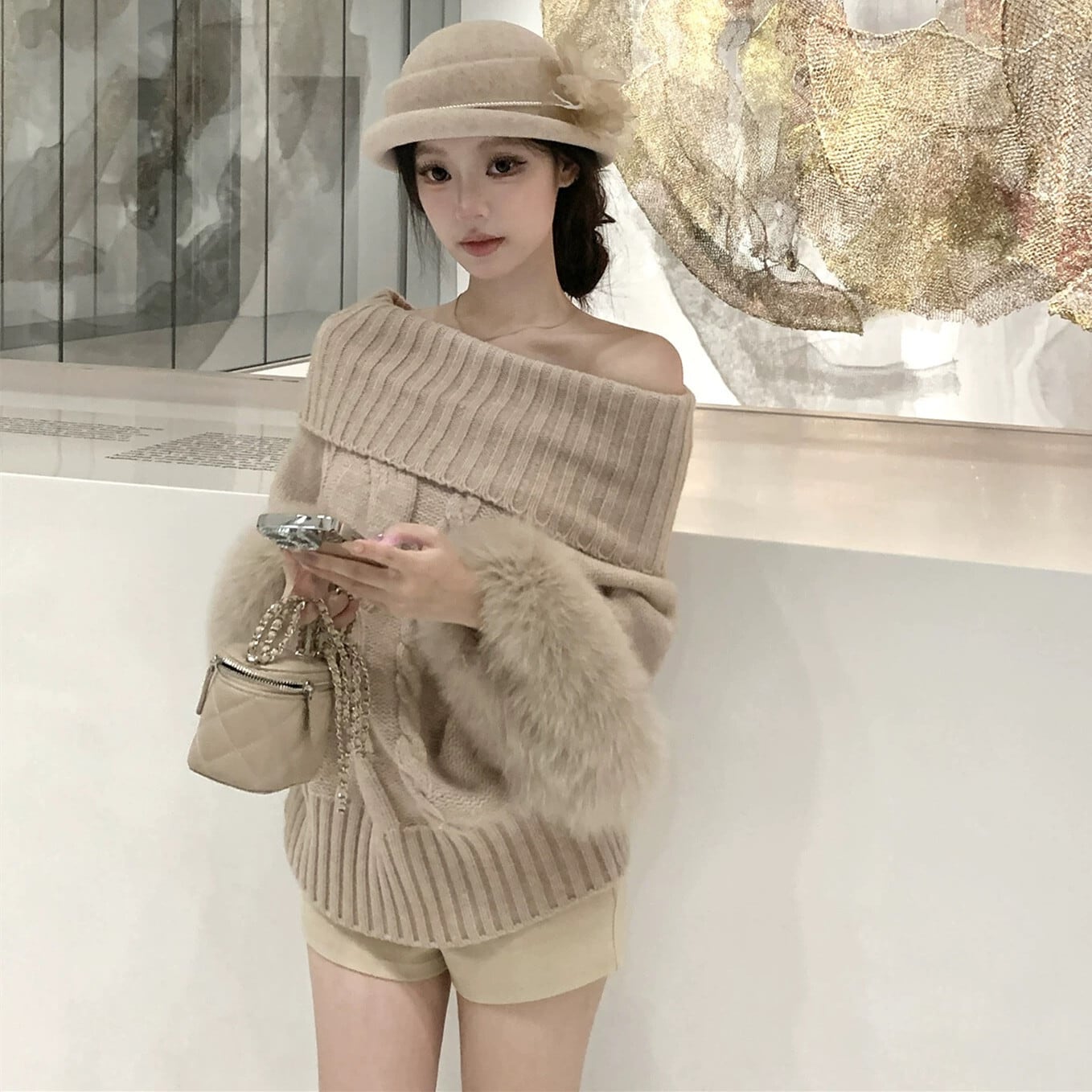 【tops】2WAY袖ファーオフショルニットトップス　N3378