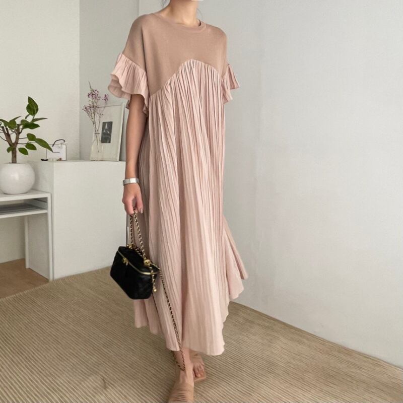 【dress】ラウンドネック半袖フリルワンピースF7349