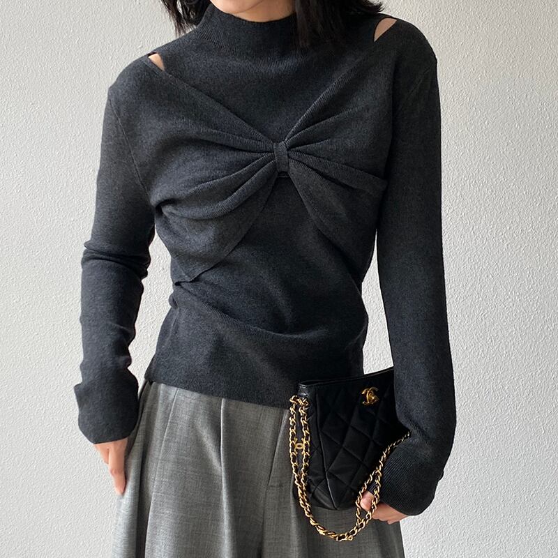 【tops】リボンフェイクレイヤードニットトップス Q7240