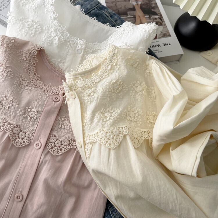 【tops】刺繍レース切り替えシャツブラウス　M29739