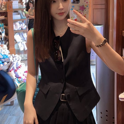 【set】ノースリーブトップス+プリーツスカート2点セットF7375