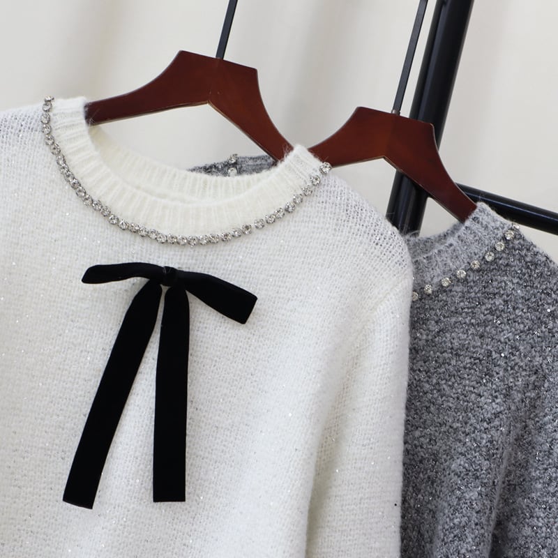 【tops】ビジューリボン付きニットセーター　M28375