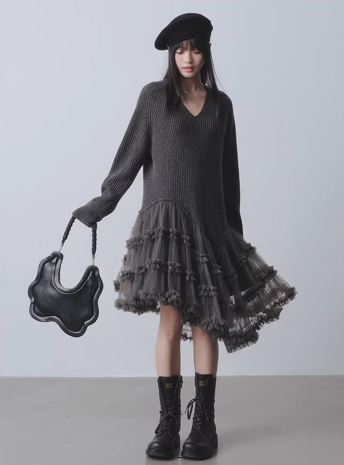 【dress】チュールドッキングウールワンピース Q7963