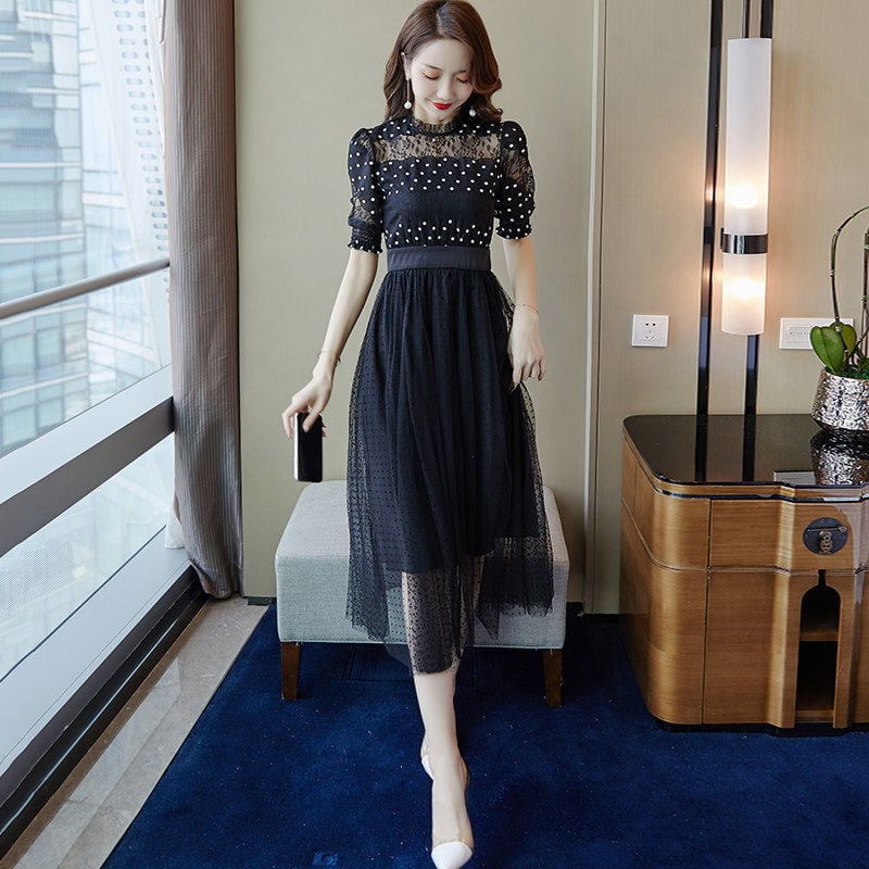 【dress】好感度UP!気質満点フェミニンレース体型カバードット柄ワンピース G0506