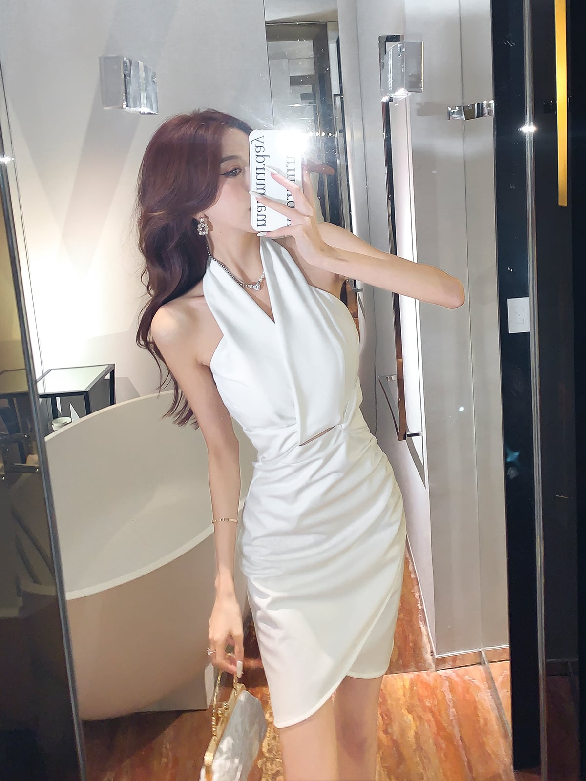 【dress】エレガント気質満点セクシーVネック高級感バックで綺麗ホルターネックワンピース G12797